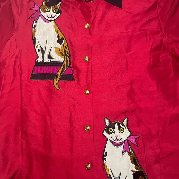 Bob Mackie Wearable Art Cat
Embroidered Silk Blouse Red Black
Button-Up M - Picture 8 of 11